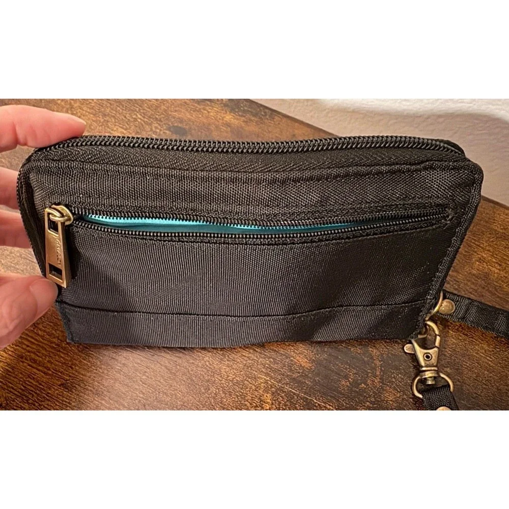Travelon Wallet Clutch Wristlet Zip around Wrist Strap Black Turquoise Lining